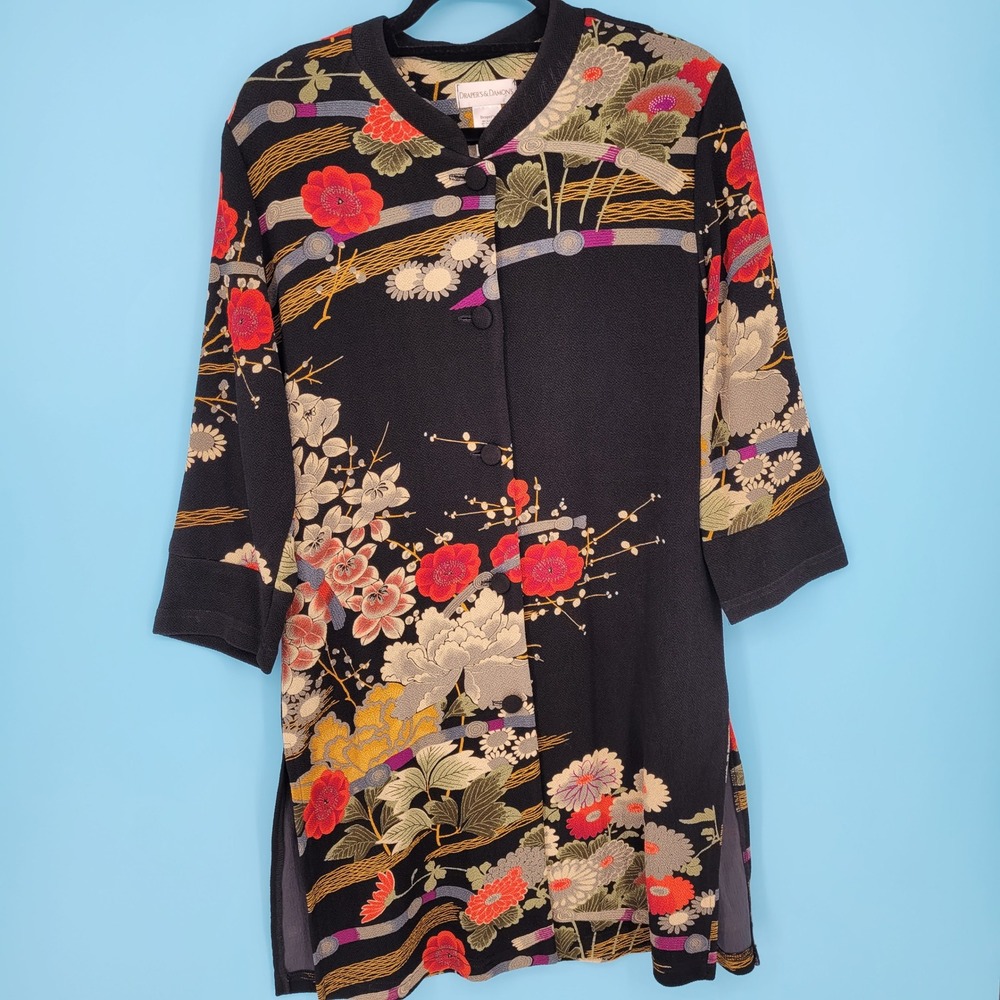 Draper's & Damon's vintage Chinoiserie floral longline blouse floral duster art